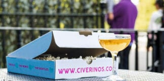 Civerinos pizza box with drink from Mothership bar