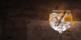 A glass of Gin and Tonic is infused with ice, lemons and cinnamon