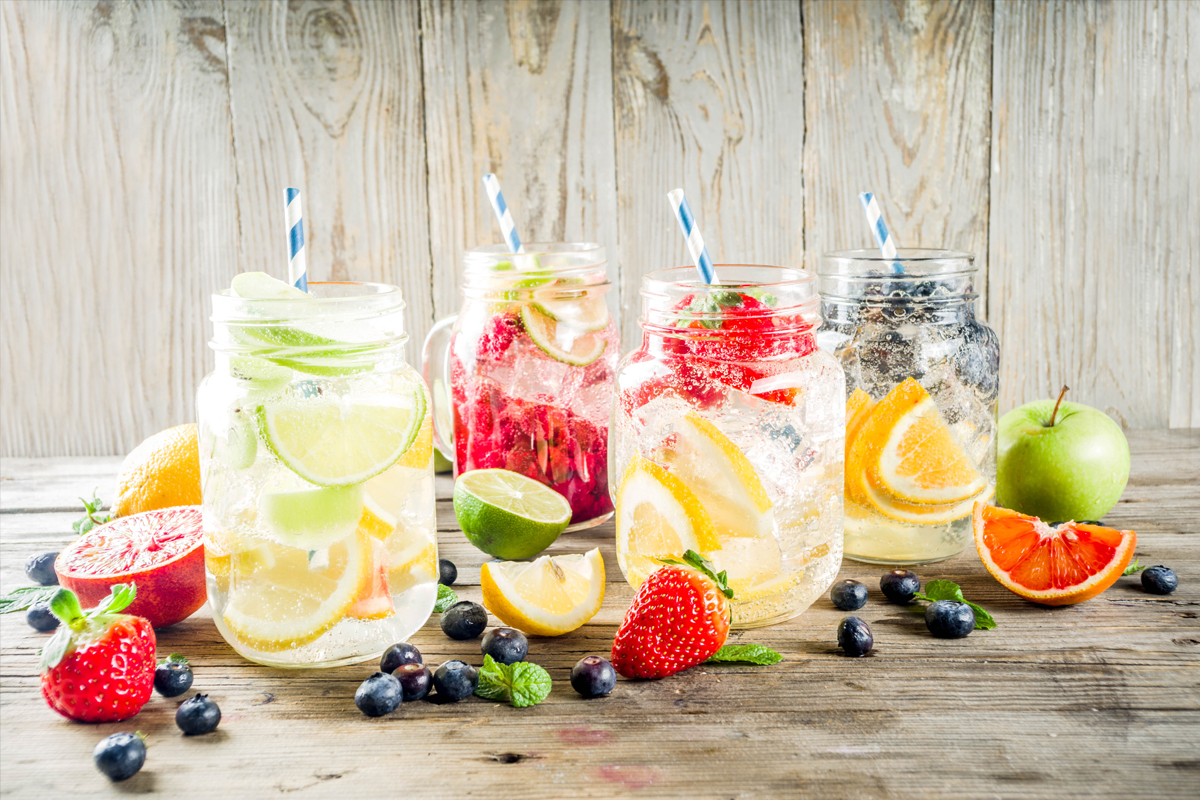 Glasses of fruit infused water 