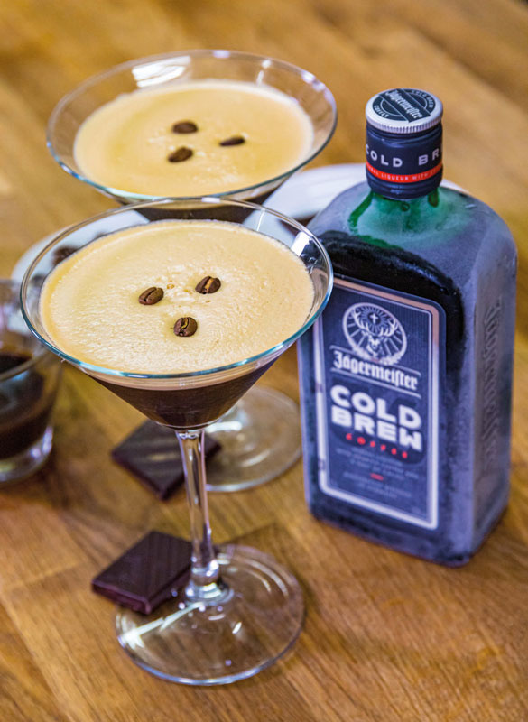 an espresso martini and bottle of Jägermeister cold brew