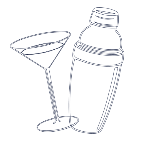 line illustration of a cocktail shaker and martini glass