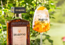 a bottle of disaronno next to a cocktail served in a wine glass with a lemon garnish