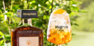 a bottle of disaronno next to a cocktail served in a wine glass with a lemon garnish