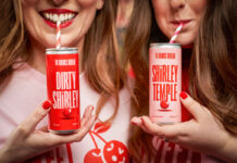 two women drink from the drinks bureau pink and red cocktail cans