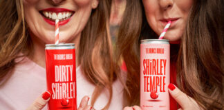 two women drink from the drinks bureau pink and red cocktail cans