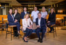 Some of the Glasgow Marriott management team – restaurant and bar manager Carly McCartney, finance manager Petria Cougan, senior event manager Marc Reid, head chef Clark Gillespie, leisure club manager Claire Upton, HR manager Patricia Tomazos, sales leader Carolynn Morrison and general manager Chris McGuinness.