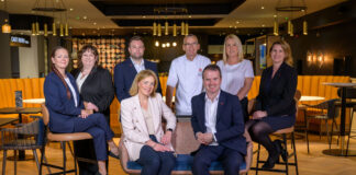Some of the Glasgow Marriott management team – restaurant and bar manager Carly McCartney, finance manager Petria Cougan, senior event manager Marc Reid, head chef Clark Gillespie, leisure club manager Claire Upton, HR manager Patricia Tomazos, sales leader Carolynn Morrison and general manager Chris McGuinness.