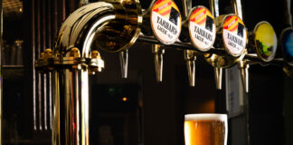 A pint of non-alcoholic beer Yard Arm under Jump Ship's new keg taps