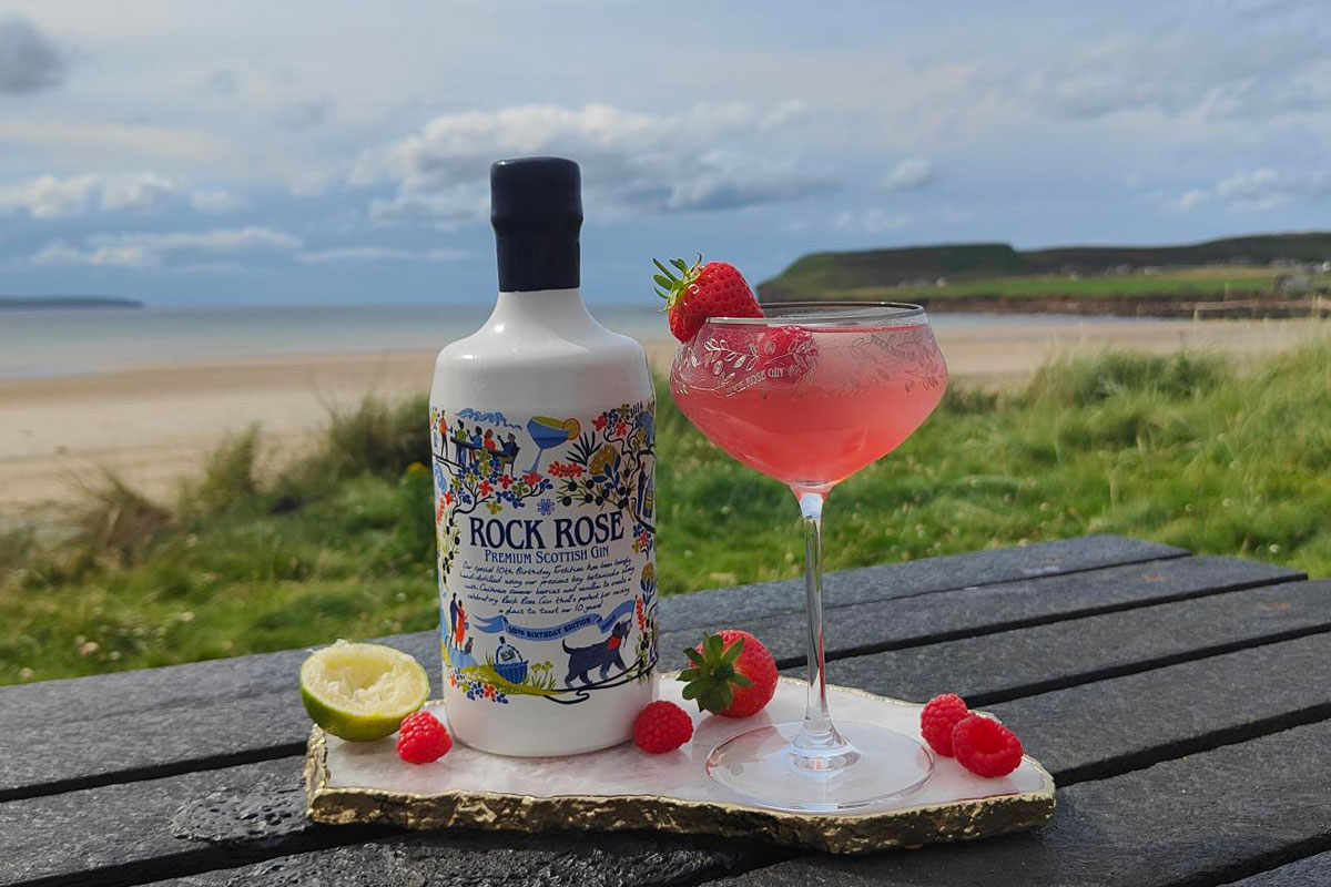 A posh bottle of gin next to a berry-centric cocktail, on a table by the seaside