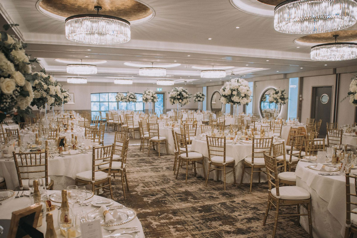A function room decorated for a wedding