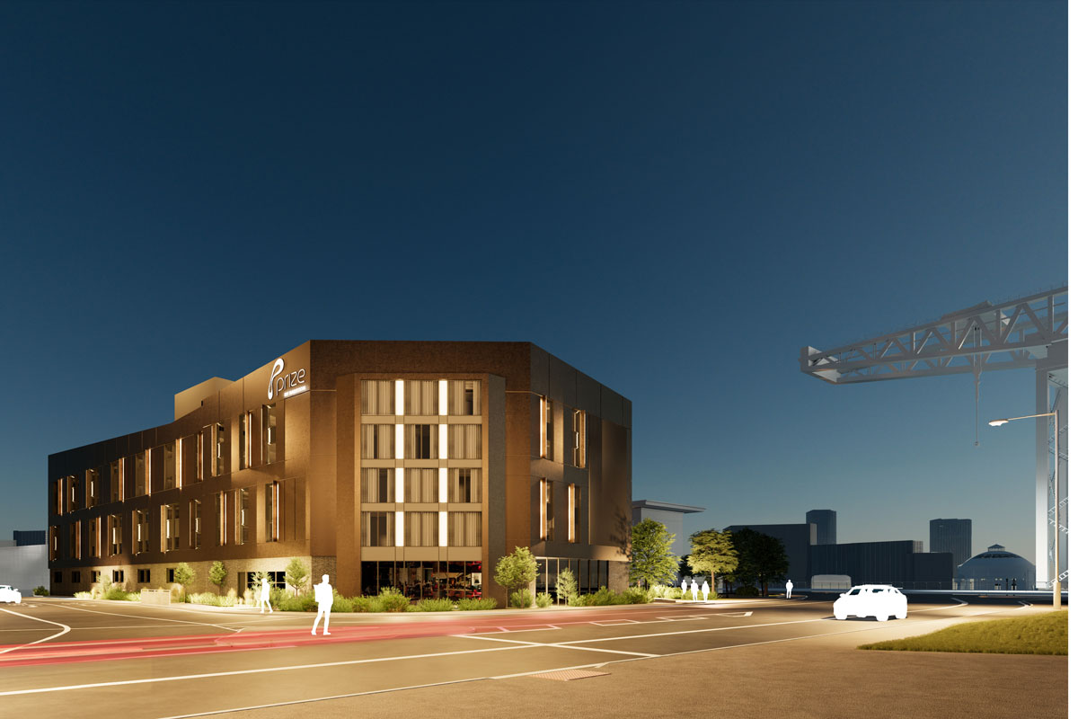 A CGI render of a modern hotel at night