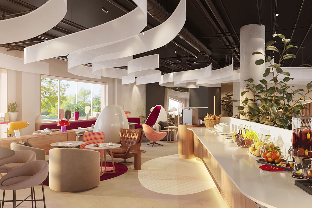 An artist's impression of a modern. hotel bar and restaurant