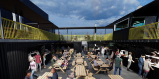 A digital artist's impression of a yellow and black venue space