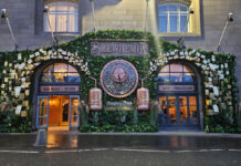 A extravagant wall display outside a city centre pub, featuring both mechanical and flora elements