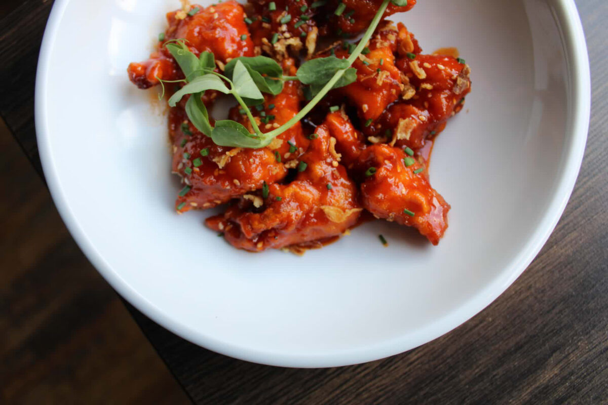 A plate of spicy chicken.