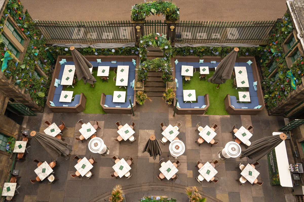 an aerial view of a city centre beer garden