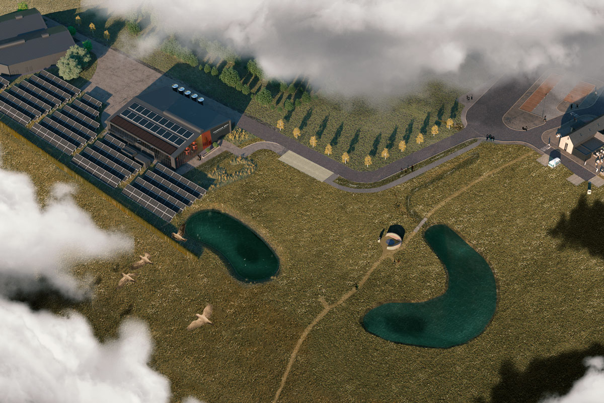 A computer generated aerial shot of a distillery development surrounded by solar panels