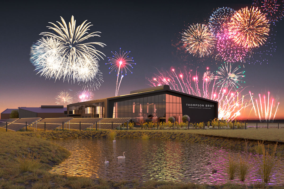 A computer generated image of a smart new distillery building with fireworks going off above