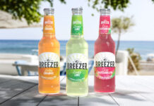 Three colourful bottles of fruit flavoured alcohol