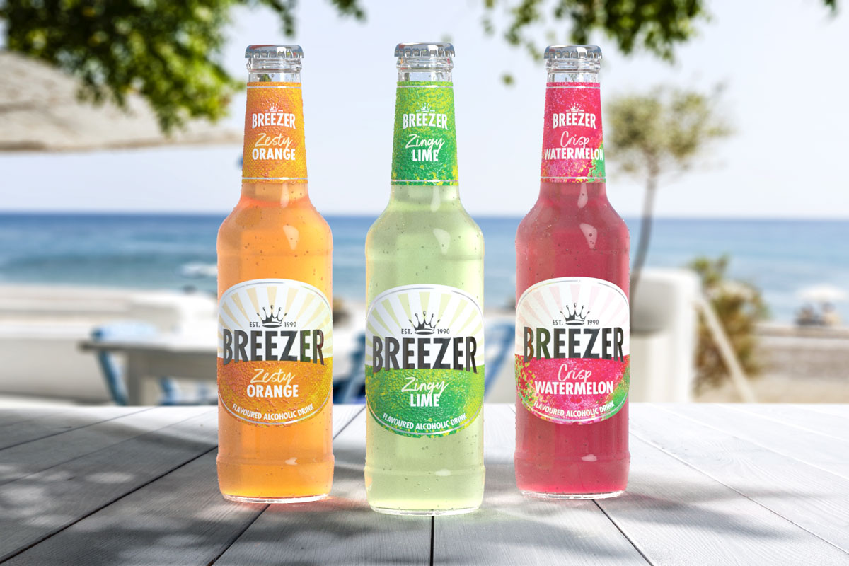 Three colourful bottles of fruit flavoured alcohol