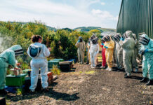 Not your normal cocktail party... guests gather round the beehives at Aberargie Distillery