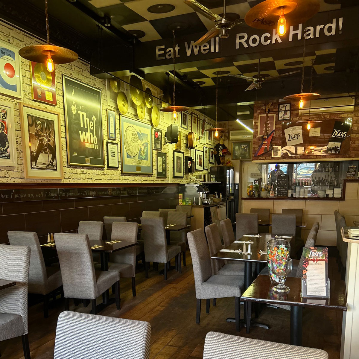A rock'n'roll themed restaurant bar interior
