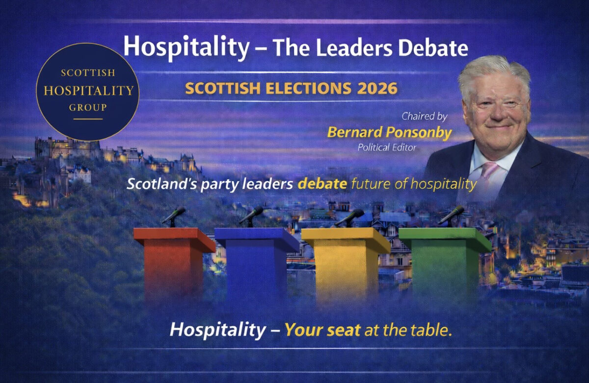 A graphic promoting the Scottish Hospitality Group hustings event, chaired by Bernard Ponsonby.