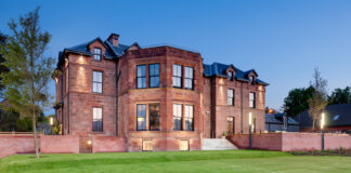 The front of the Douglas Hotel in Arran, in the evening light.
